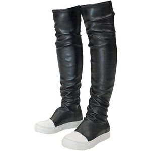 Women Black Polyurethane (PU) Flat Over The Knee Round Toe Thigh High Boots